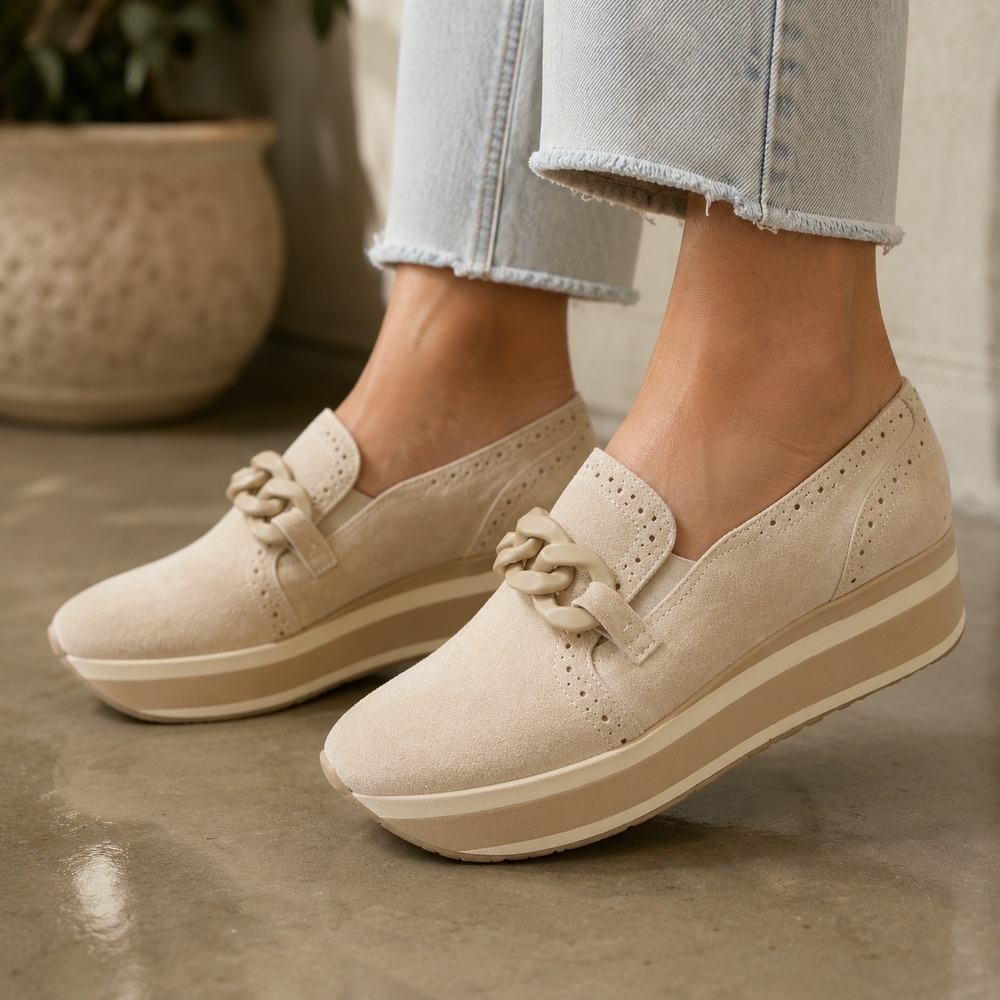 Dolce Vita Beige Suede Platform Loafers with Chain Accent